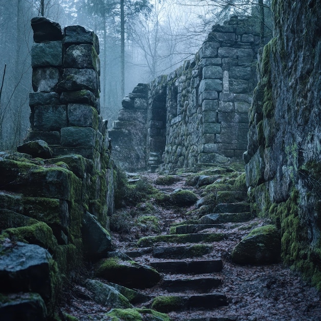 Photo mysterious forest with hidden stone ruins