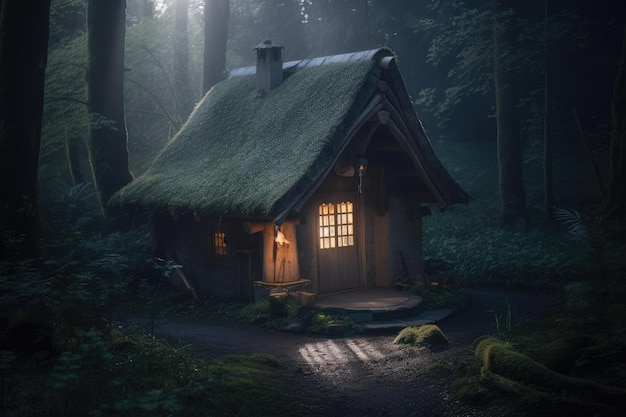 Mysterious forest with a small hut and light shining through its windows Generative AI