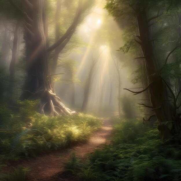 Mysterious forest with sunlight in the morning digital painting