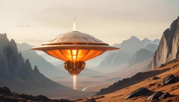 A mysterious futuristic spacecraft hovers above a distant alien planet its glowing energy core puls