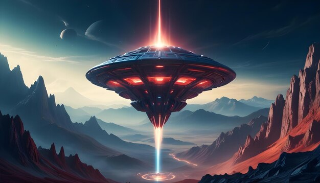 A mysterious futuristic spacecraft hovers above a distant alien planet its glowing energy core puls