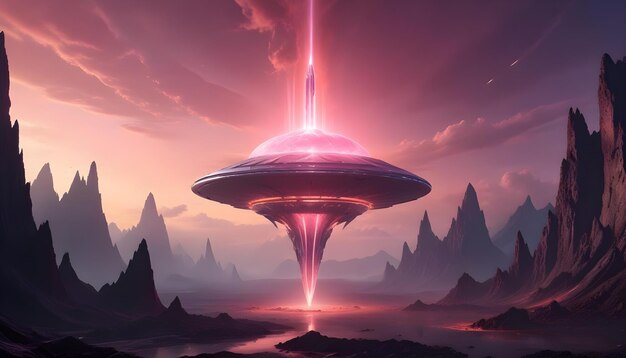 A mysterious futuristic spacecraft hovers above a distant alien planet its glowing energy core puls