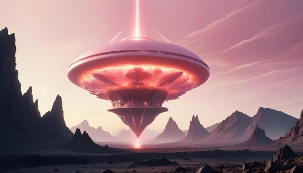 A mysterious futuristic spacecraft hovers above a distant alien planet its glowing energy core puls