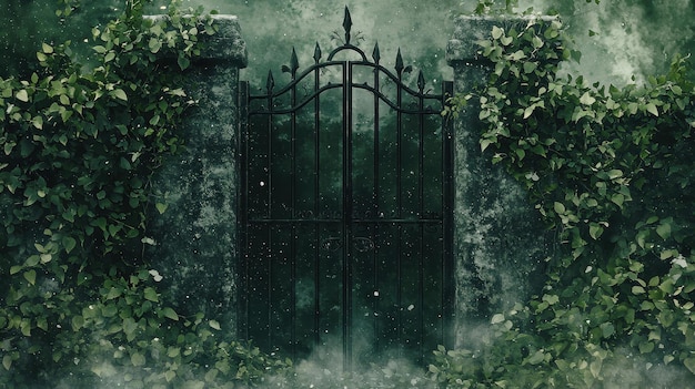 Photo mysterious gate with fog and greenery