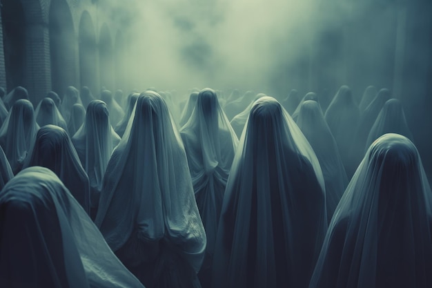 Photo mysterious ghostly crowd gathers in a gothic cathedral filled with fog