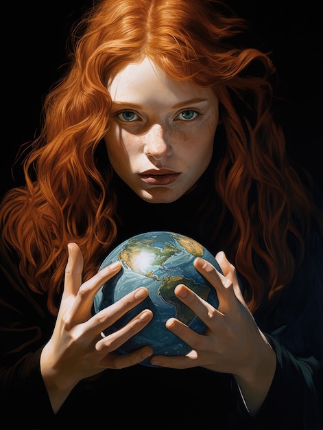 A mysterious ginger girl holding the planet Earth