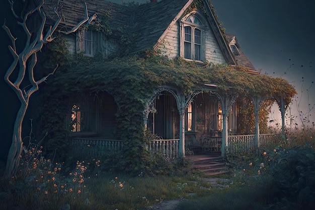 Mysterious gloomy abandoned house with overgrown porch and yard