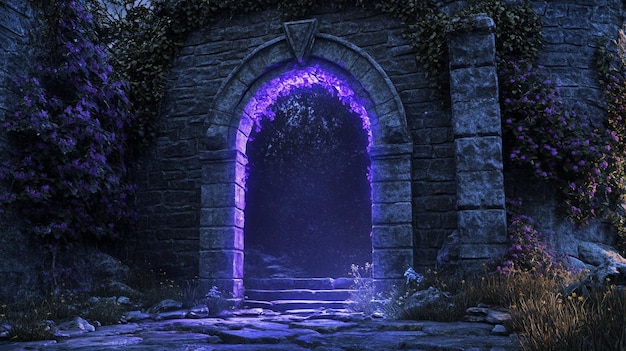 Photo mysterious glowing archway in ancient ruins