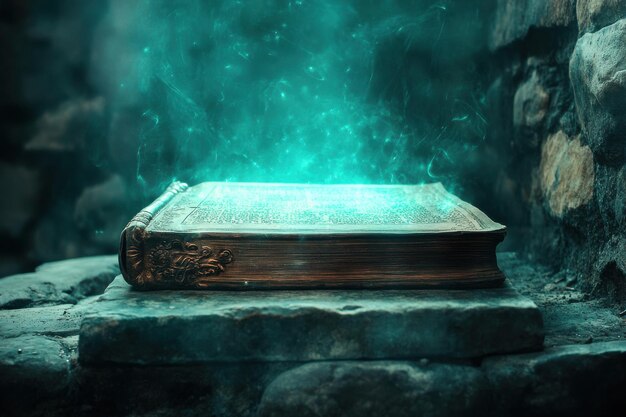 Photo mysterious glowing book resting on ancient stones in an enchanted setting at twilight