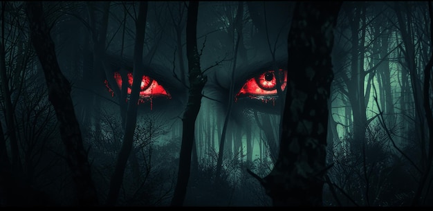 Mysterious glowing eyes in a dark forest at night