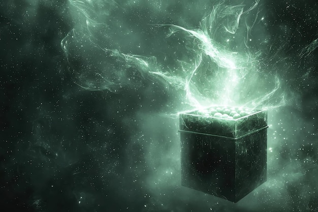 Photo mysterious glowing green cube emitting magical energy in dark misty atmosphere