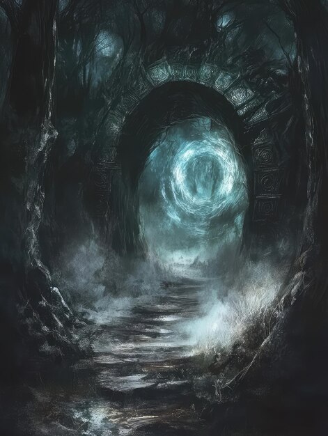 Photo mysterious glowing portal in a dark enchanted forest at night