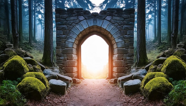 Mysterious glowing portal surrounded by stones forest path Ancient architecture Old magic arch