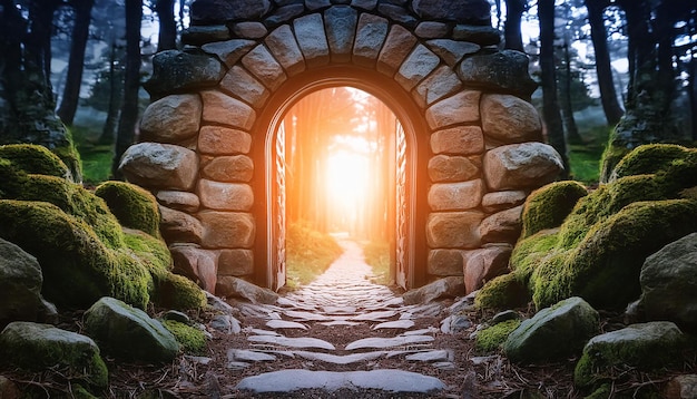 Mysterious glowing portal surrounded by stones forest path Ancient architecture Old magic arch