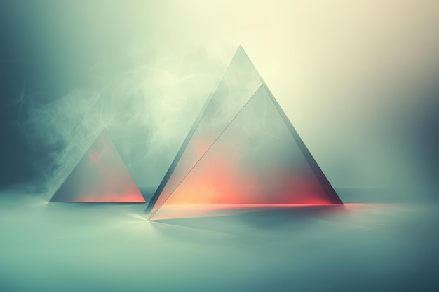 Mysterious glowing pyramid shapes in ethereal foggy environment