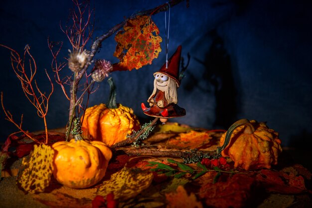 Mysterious good witch on a broom in a fairy night autumn forest with pumpkins, halloween witch toy doll pendant. Postcard, background, splash