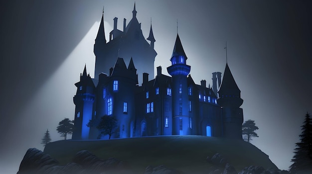 A mysterious gothic castle mansion illuminated by a single ray of sunlight generated by AI