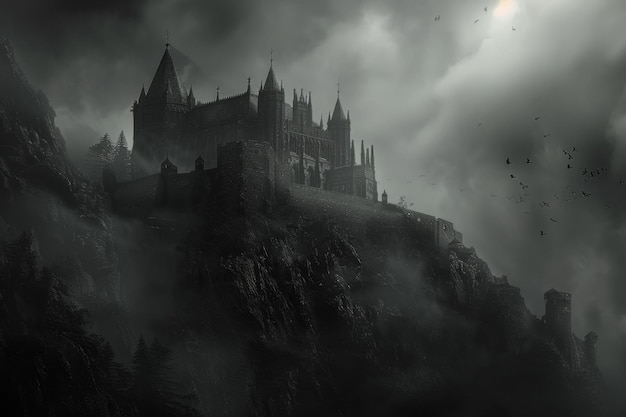 Mysterious gothic castle in misty landscape