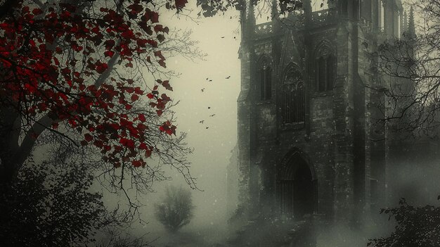 Photo mysterious gothic collage featuring vintage architecture and misty landscapes in dark tone