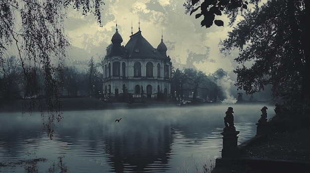 Mysterious Gothic Collage of Vintage Architecture and Misty Landscapes in Dark Mood Keywo