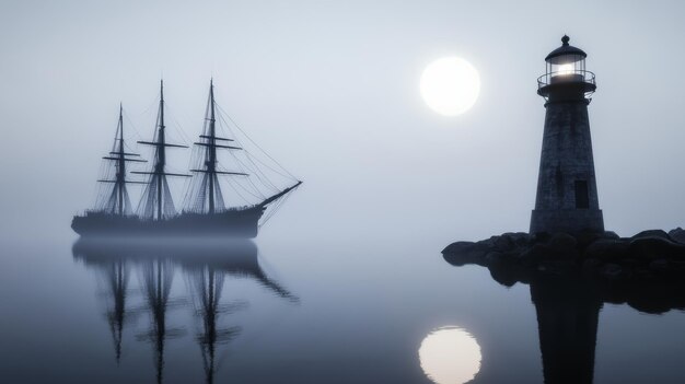 Mysterious gothic harbor at midnight dilapidated docks abandoned ships foggy waters and a lighthouse