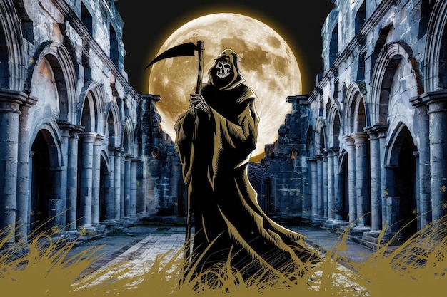 Mysterious Grim Reaper Ancient Ruins Full Moon Death supernatural themes Halloweenthemed