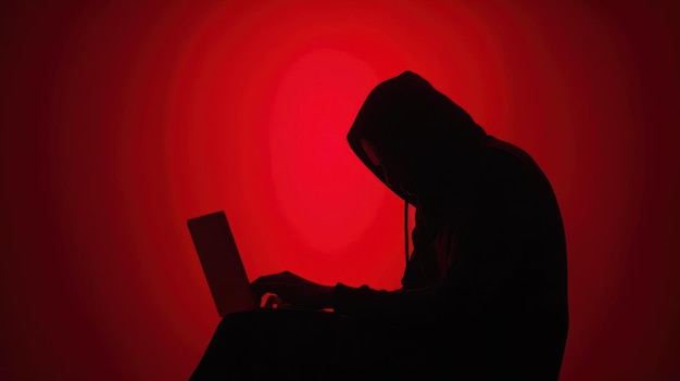 Photo mysterious hacker silhouette in red light