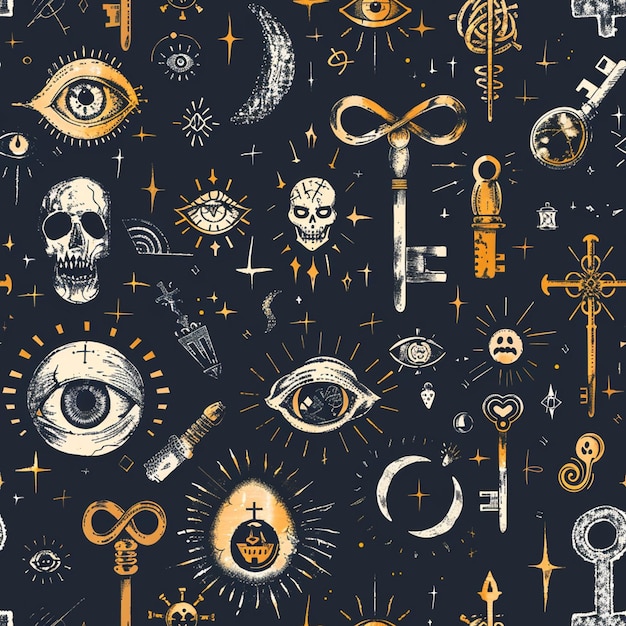 Photo mysterious halloween doodle art featuring symbols like keys eyes and skulls