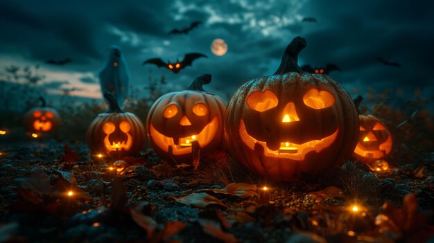 Mysterious Halloween Night With Glowing JackOLanterns Bats and a Ghost Under a Full Moon