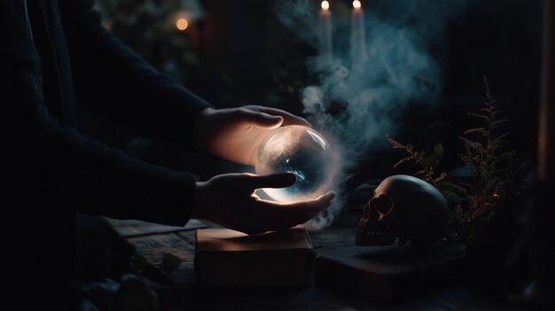 Photo mysterious hands hold a glowing crystal ball in a dimly lit room surrounded by candles and dark decor at night