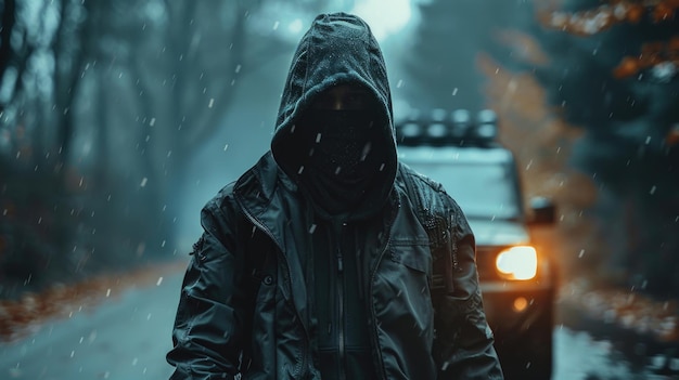 Mysterious Hooded Figure on Dark Rainy Road with Jeep and Falling Snowflakes at Dusk