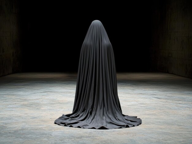 Photo mysterious hooded figure standing in dark room