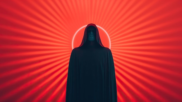 Photo a mysterious hooded figure stands against a vibrant red background with a glowing halo emanating powerful red energy rays