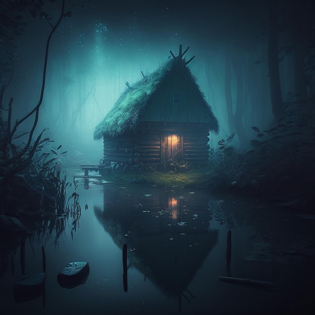 Mysterious house in the night forest