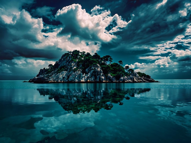 Photo mysterious island shrouded in clouds reflecting in calm waters during twilight hours