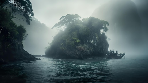 Photo a mysterious island shrouded in fog and mystery hig ai generate