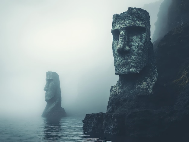 Photo mysterious island shrouded in mist ancient statues looming