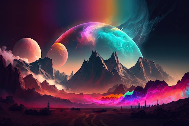 Mysterious landscape of digital planet with rainbow mist and mountains futuristic virtual world