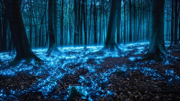 Photo a mysterious and magical forest at night with the forest floor glowing with a soft blue light