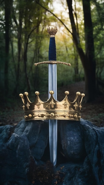 mysterious and magical photo of gold king crown and sword in the England woods