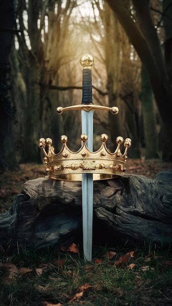 mysterious and magical photo of gold king crown and sword in the England woods