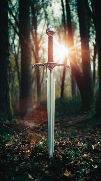 mysterious and magical photo of silver sword in the England woods and light flare