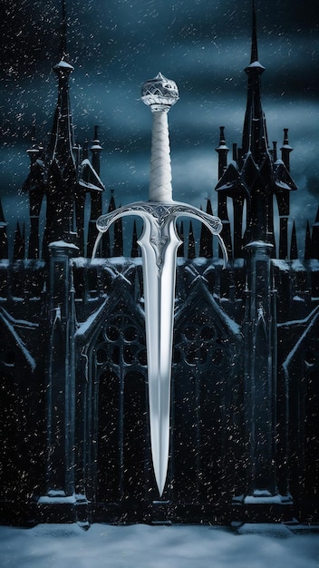 mysterious and magical photo of silver sword over gothic snowy black background