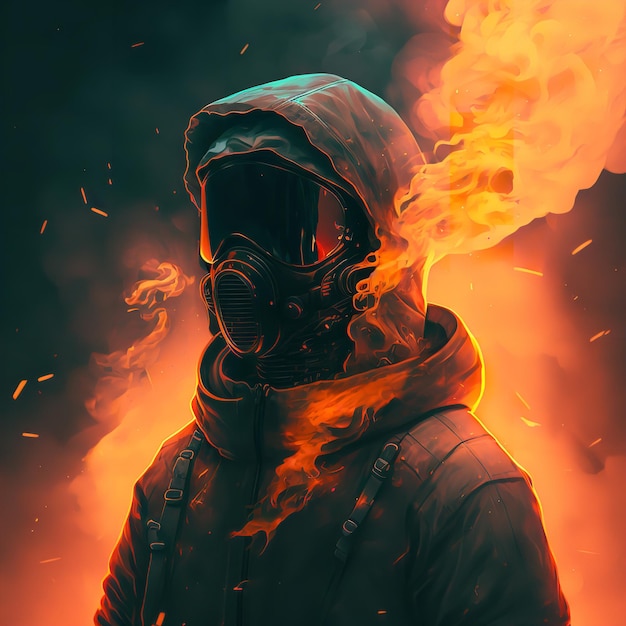 A Mysterious Man Wear Fire Proof Cloth And Mask Standing In Fire