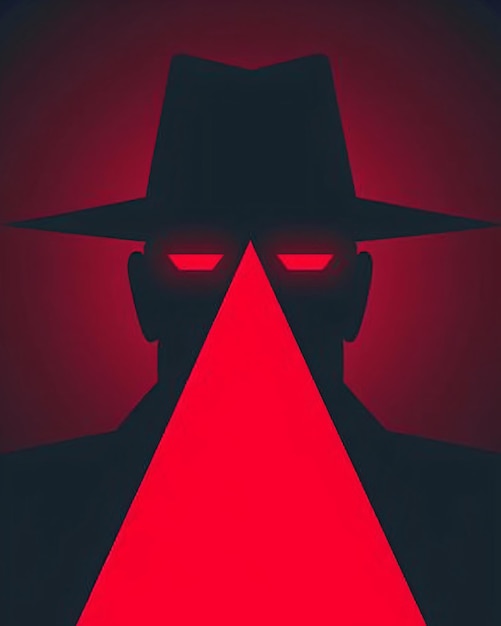 Photo mysterious man wearing hat casting red light triangle shadow