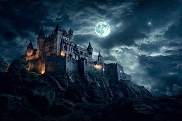 Mysterious medieval castle in a full moon night