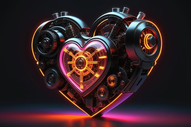 A mysterious metal heart shape with neon lights