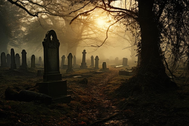 Mysterious Misty Cemetery with Foggy Twilight Atmosphere and Gravestones in the Distance