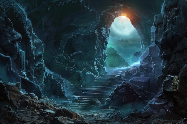 Photo mysterious moonlit cavern with stone steps leading to an unknown realm