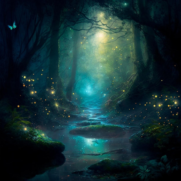 Mysterious mystical forest illuminated by fireflies